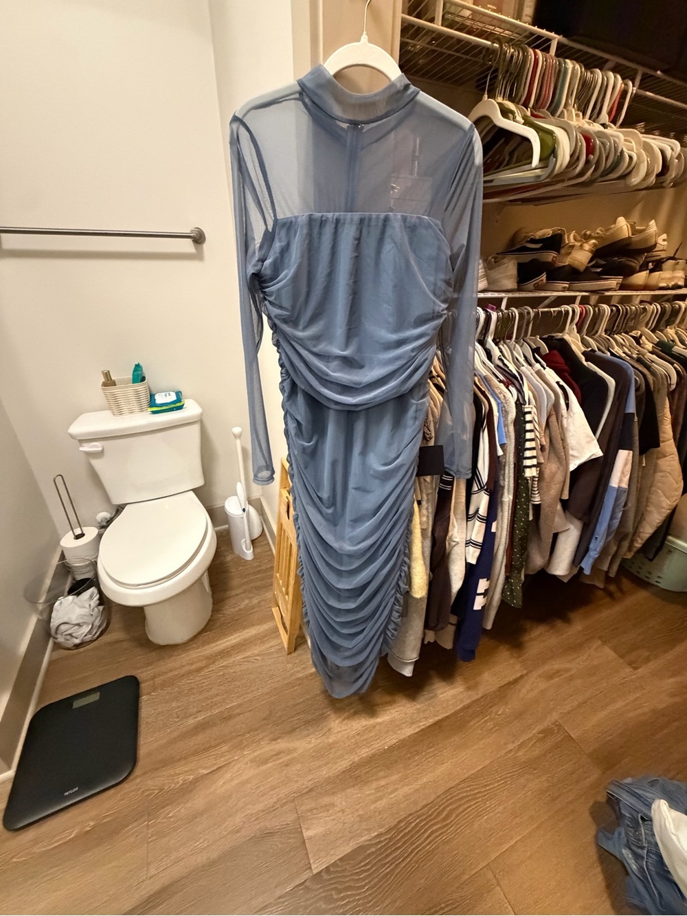 Lulu's Dusty Blue Sheer Ruched Long Sleeve Midi Dress